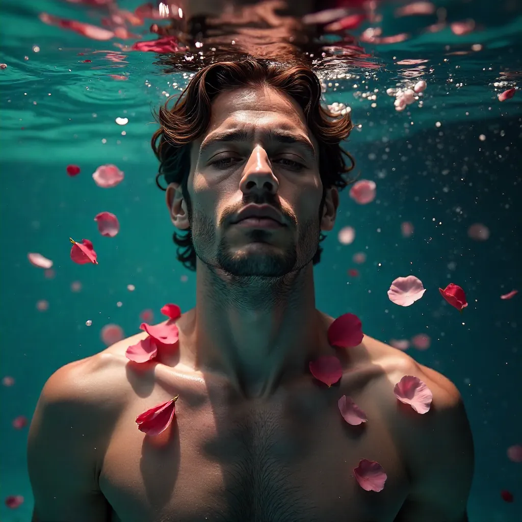 Moody Submerged Portrait with Rose Petal Surroundings