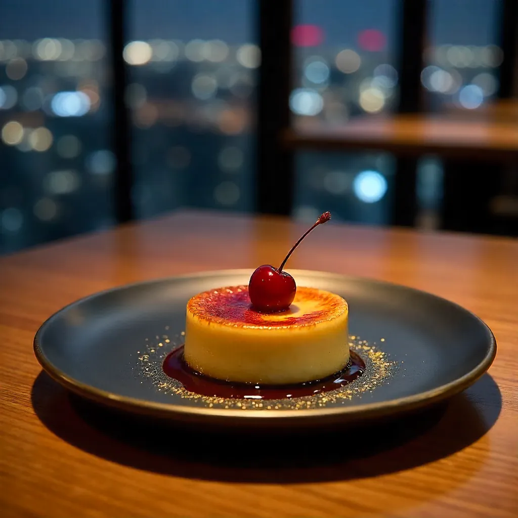 Cherry Garnished Dessert in a Tokyo Restaurant