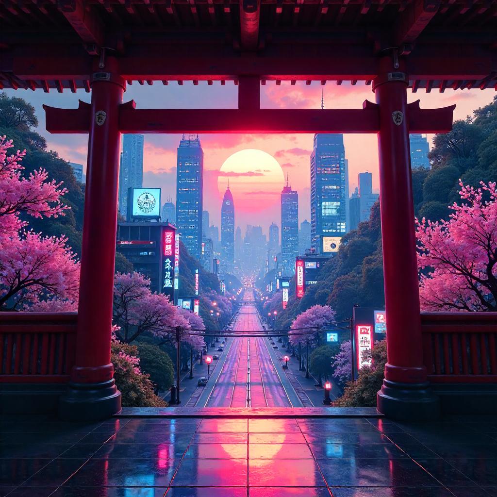 Neon Metropolis Within a Sacred Shrine