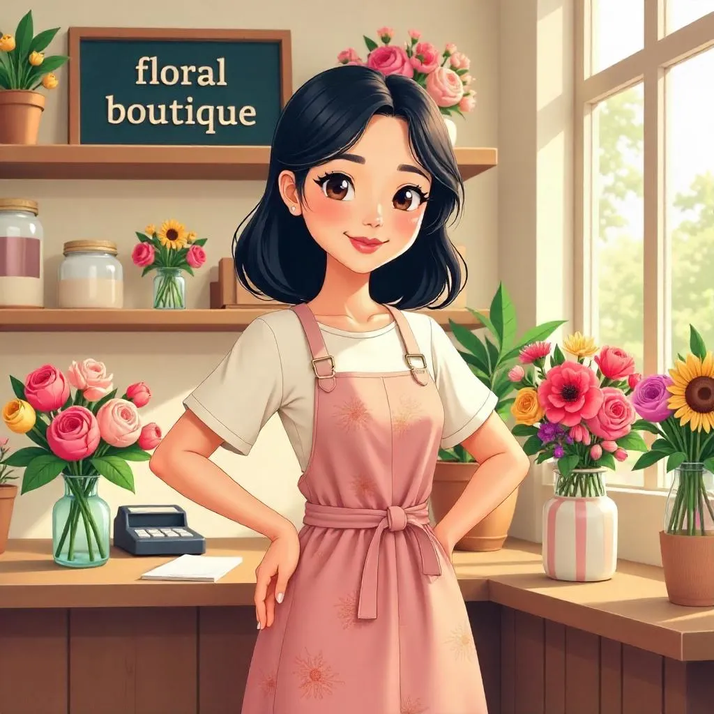 Confident Asian Woman in a Blooming Flower Shop