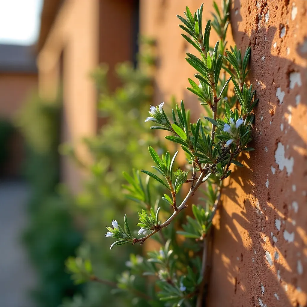 Macro rosemary on a rustic terracotta wall