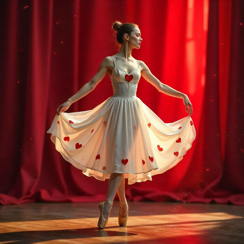 Graceful Ballet in White Heart Dress on Red Backdrop