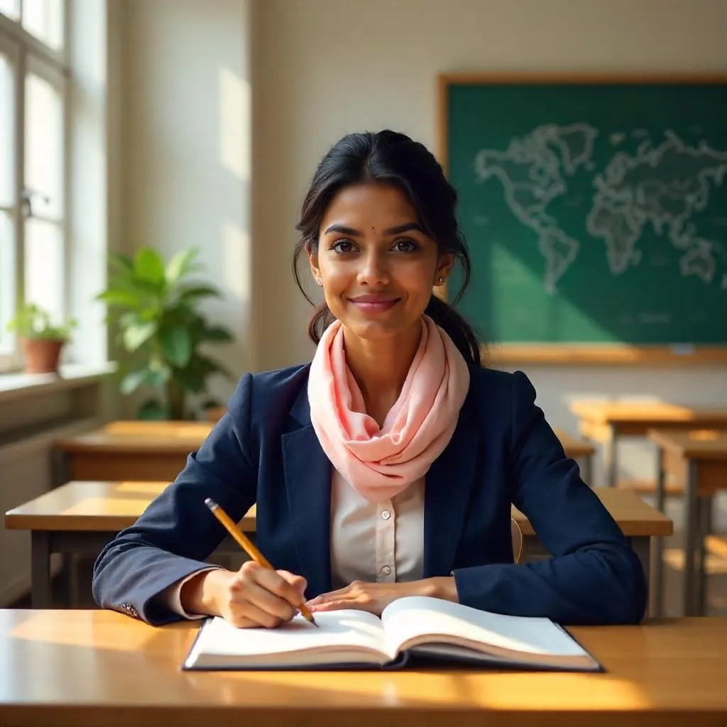 A photorealistic Indian woman in a classroom