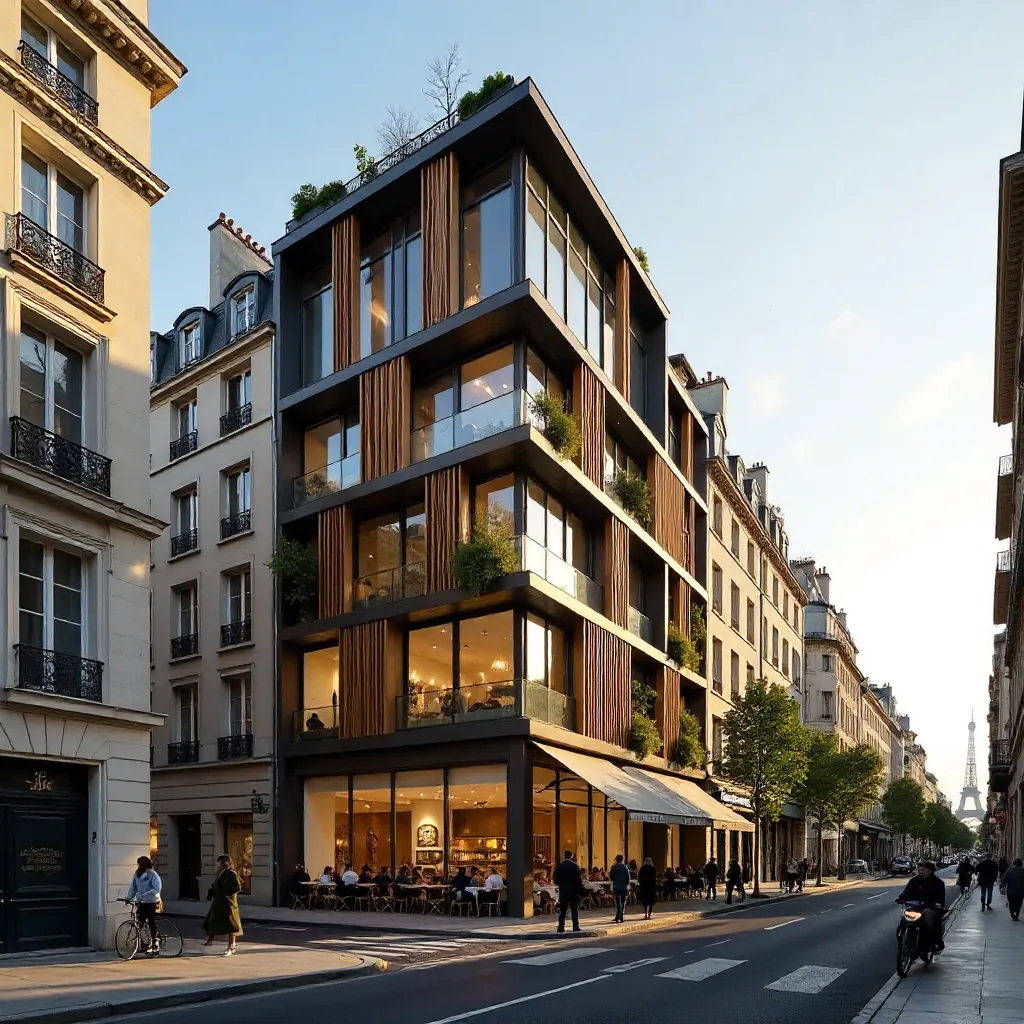 Parisian Urban Modern Facade Amid Haussmann Streets