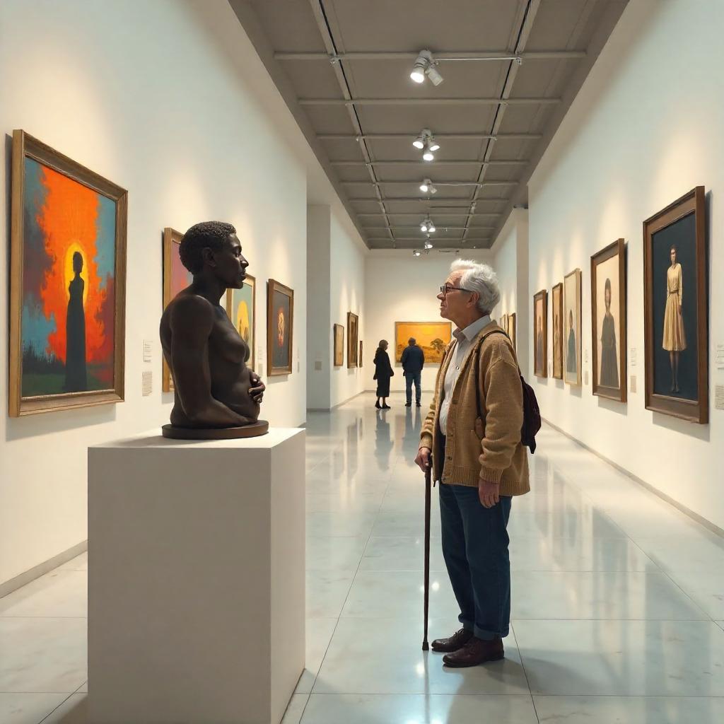 Elderly Visitor Exploring Concept Art in a Museum