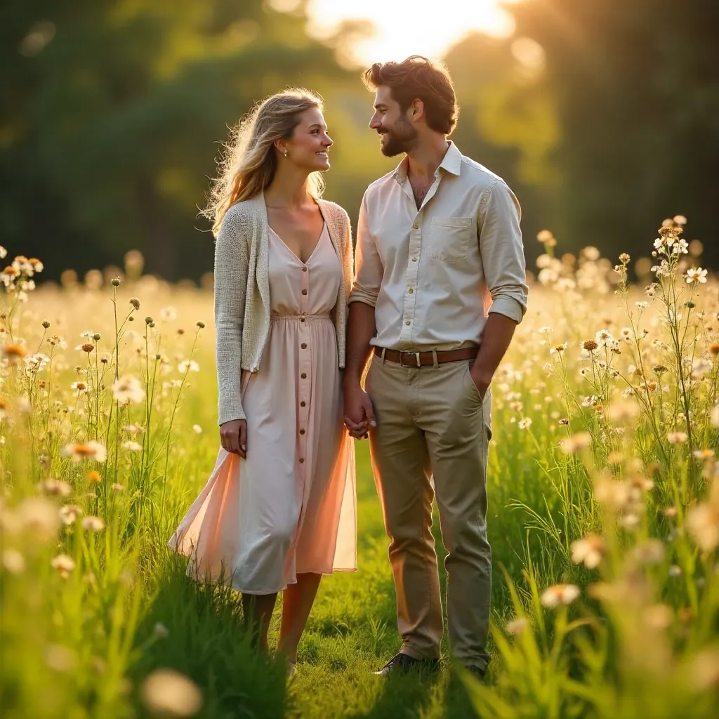 Sunlit Field Fashion: Modern Couple in Greenery