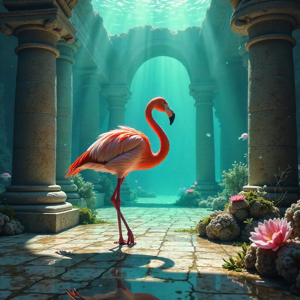 Photoreal Flamingo in Submerged Atlantis City