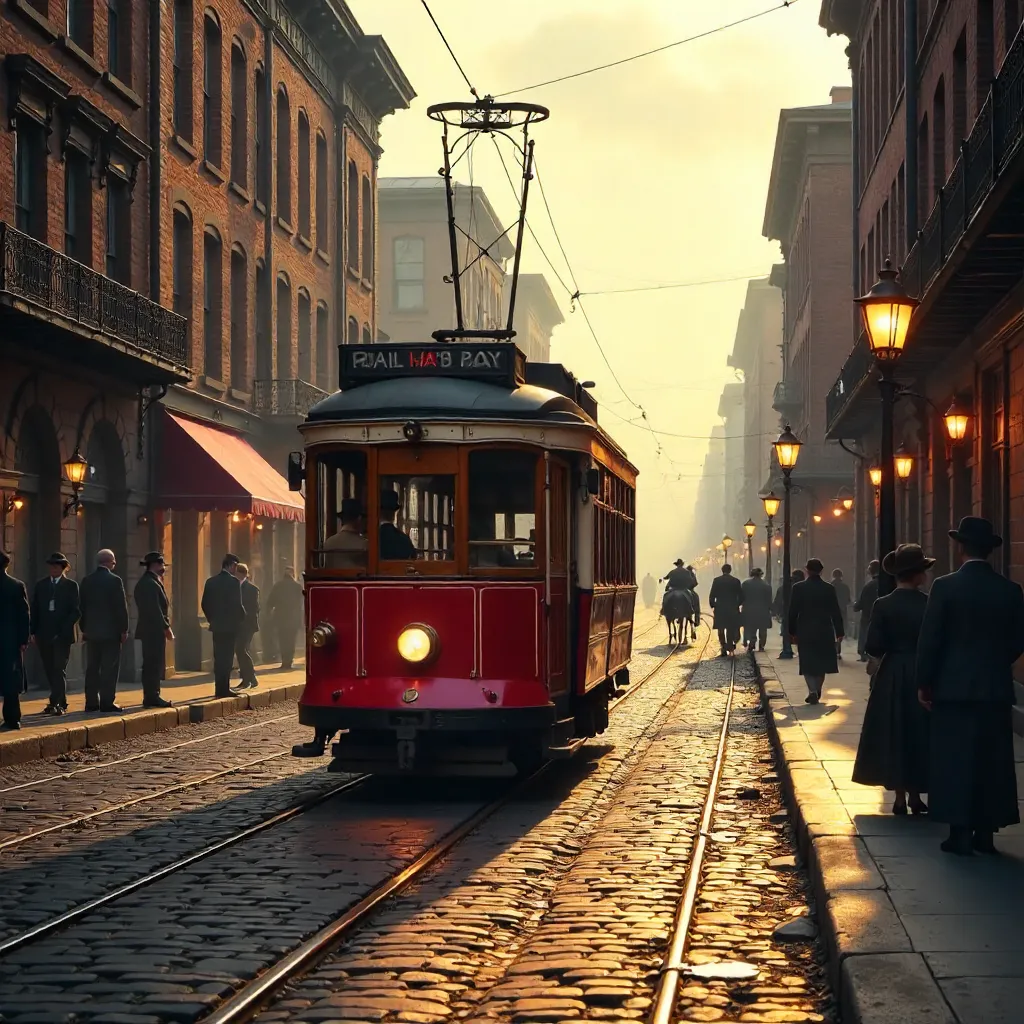Vintage Streetcar on Crimson Track Through Historic City