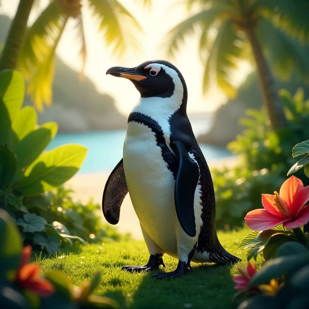 Sunny Humboldt Penguin in a Lush Tropical Garden
