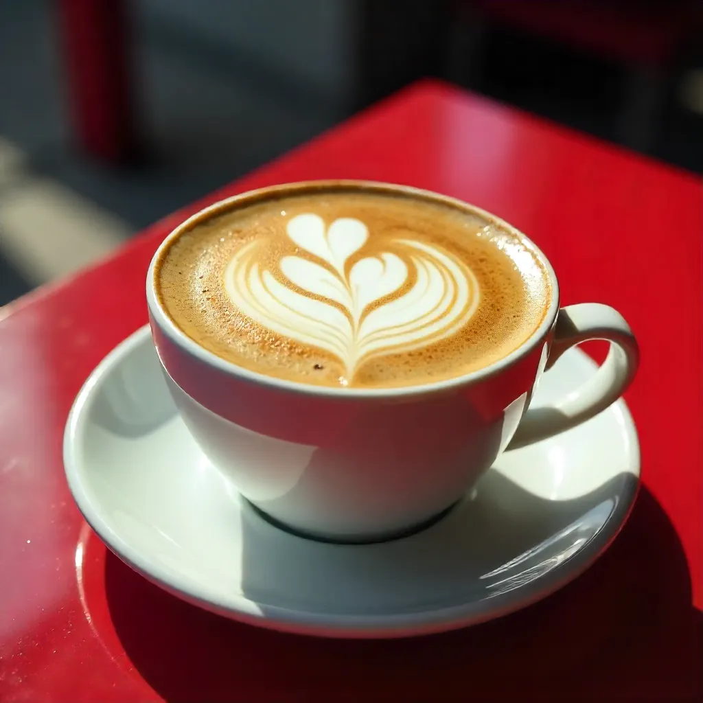 Intricate Latte Art on a Vibrant Red Table