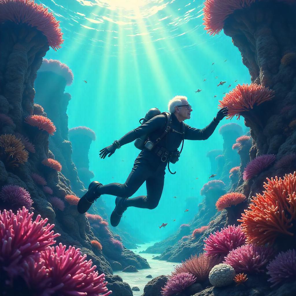 Elderly Explorer in a Coral Reef – Concept Art
