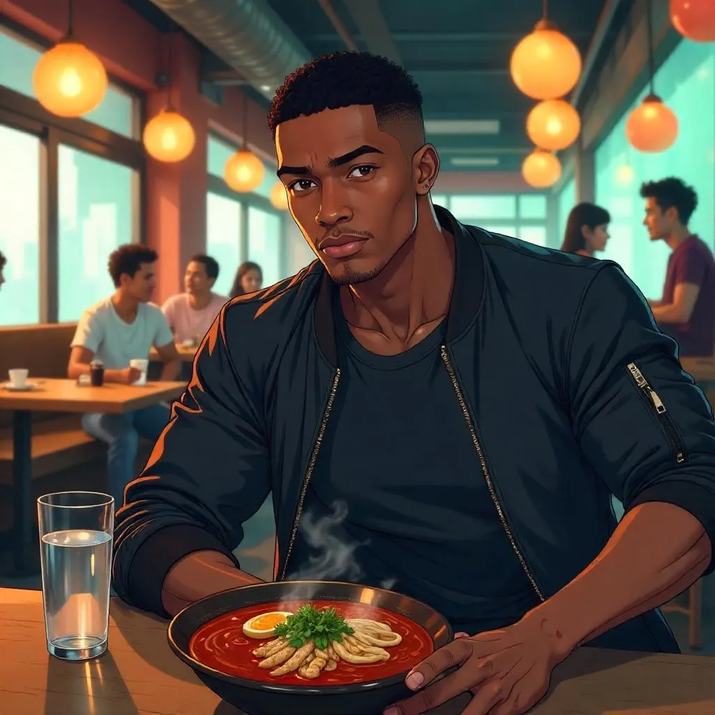 Anime-Style Athletic Black Man in a Restaurant
