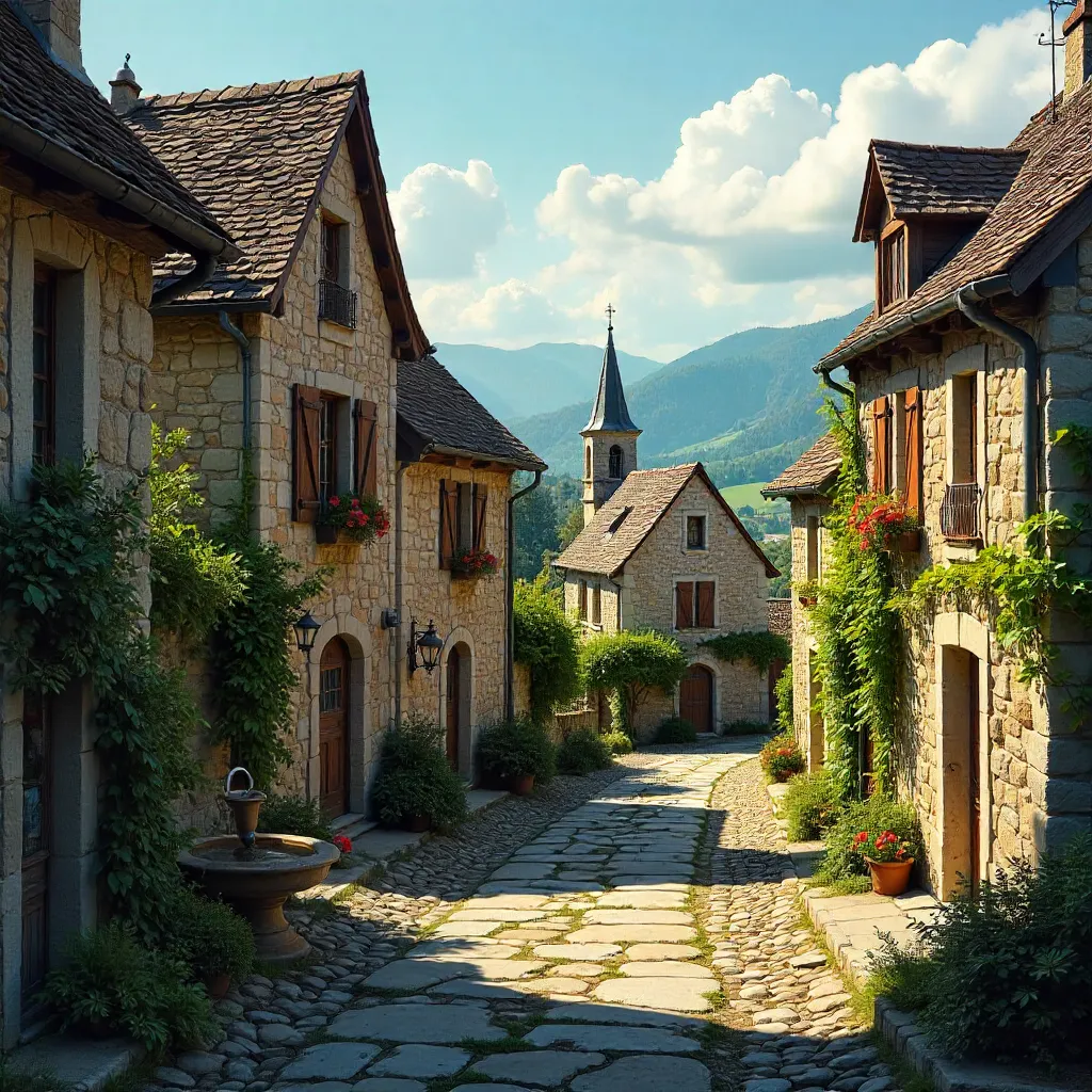 Rustic Stone Village in Auvergne-Rhône-Alpes under a Blue Sky