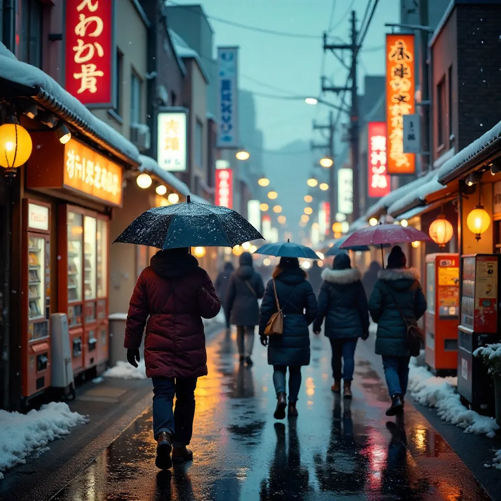 Snowy Sapporo Street with Umbrella Walkers