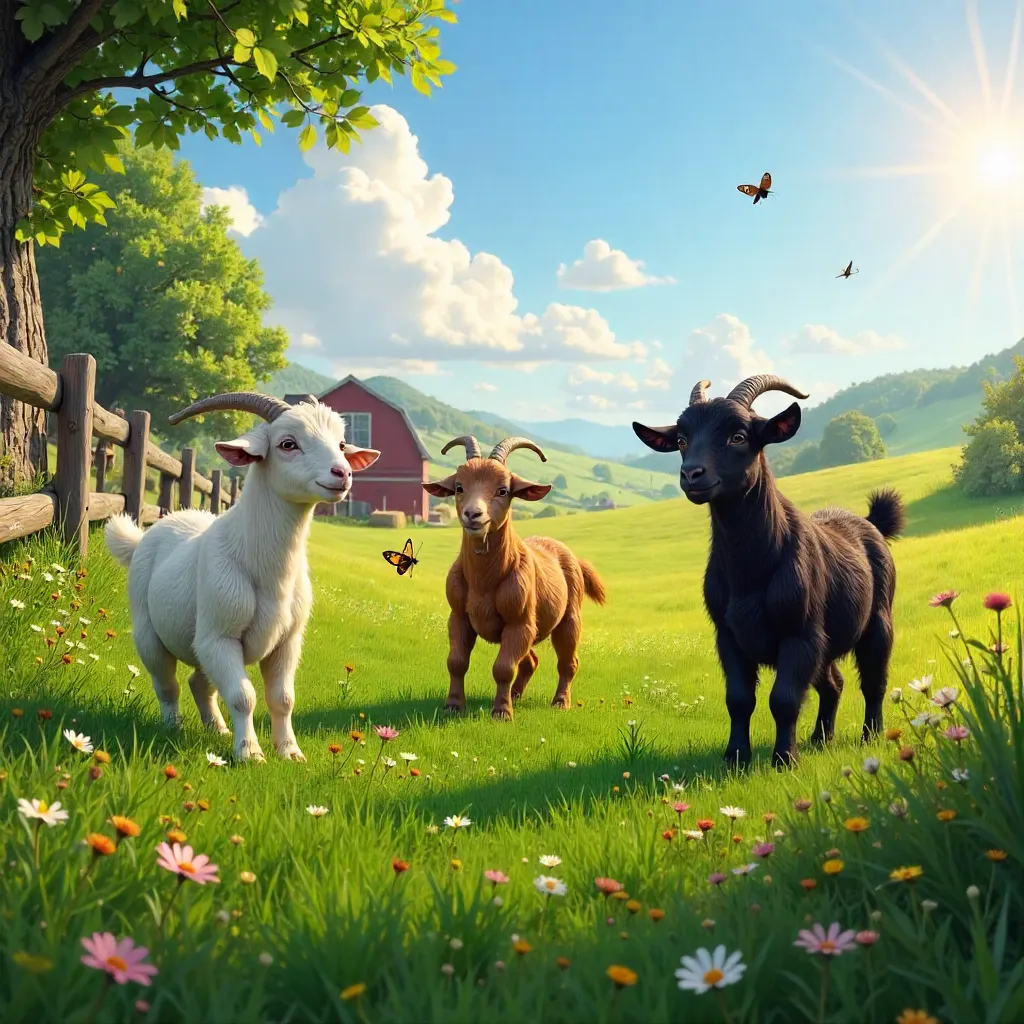 Three Goats on a Sunny Lush Meadow