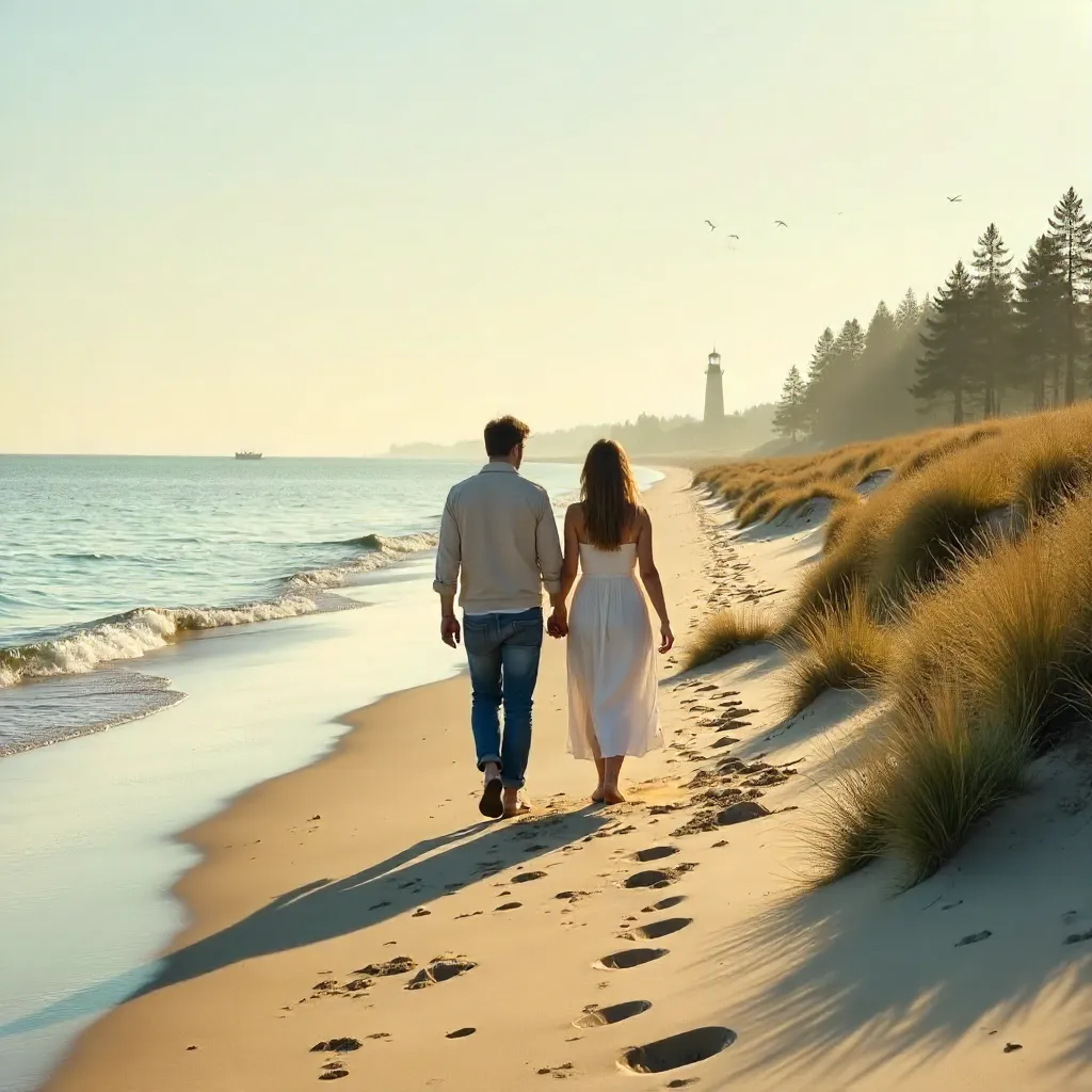 Two Walkers on Ragaciems Beach at Golden Hour, Latvia