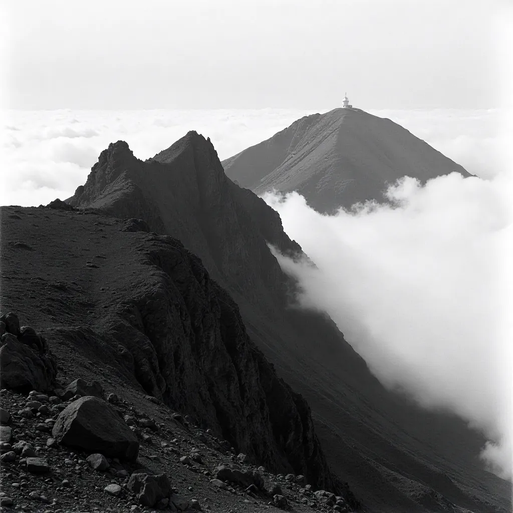 Fogbound Madeira: Rugged Peaks and a Distant Radar Dome