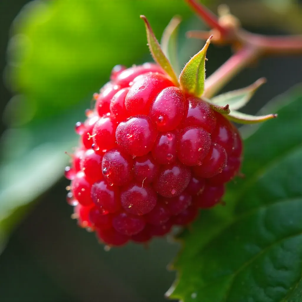 Close-Up Raspberry Among Green Leaves