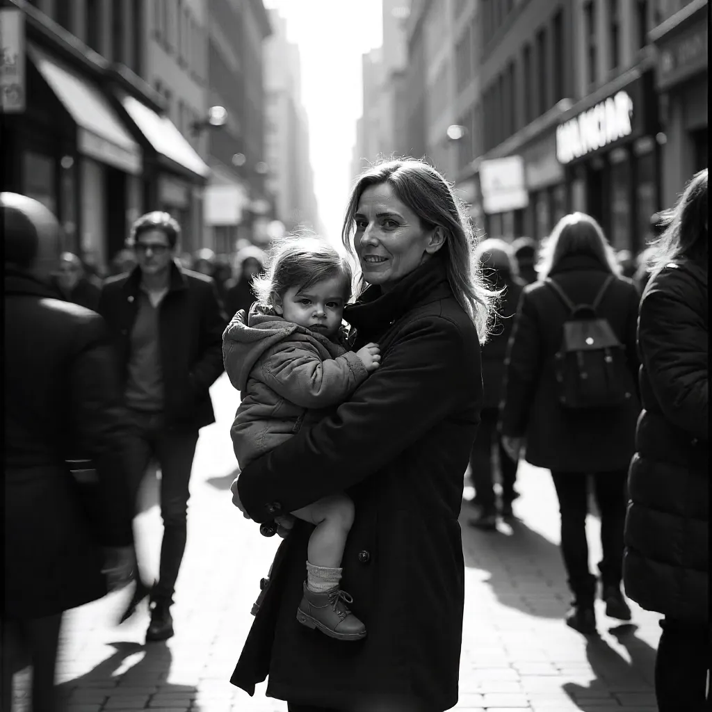 Monochrome Moment: Mother and Child in the Crowd