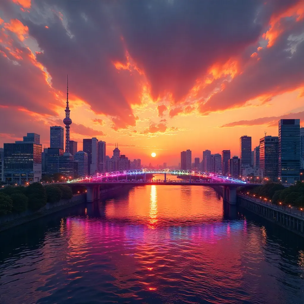 Sunset Skyline Over Tokyo & Rainbow Bridge