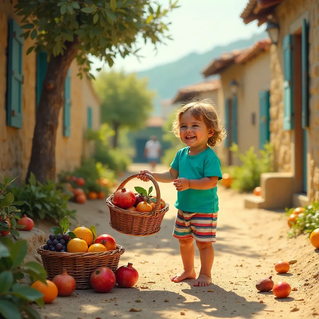 Sunny Hatay Child with Fruit Basket in Outdoor Play