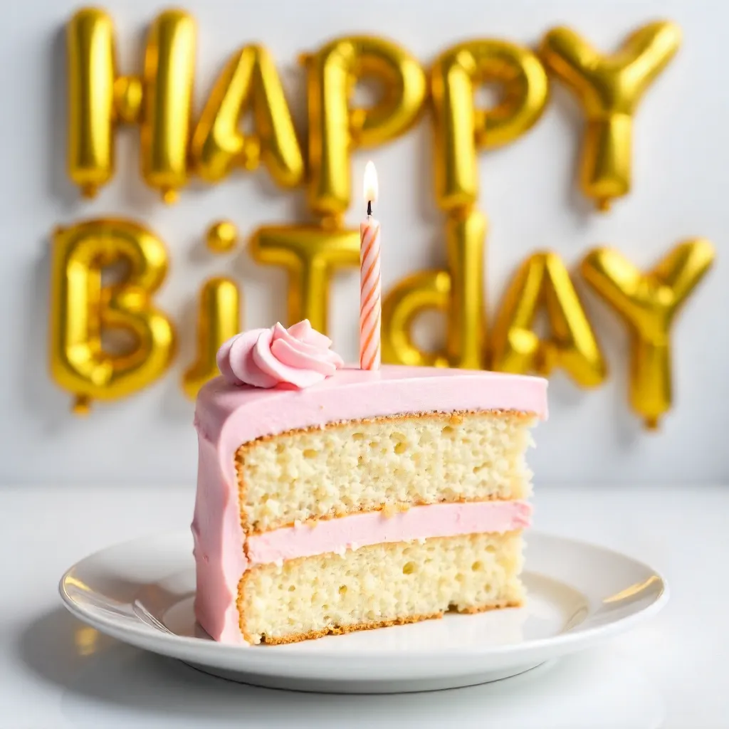 Slice of Birthday Cake with Gold Happy Bday Balloons