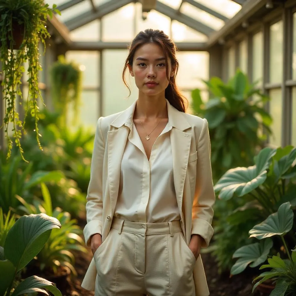 Greenhouse Chic: Photoreal Portrait of a Stylish Woman