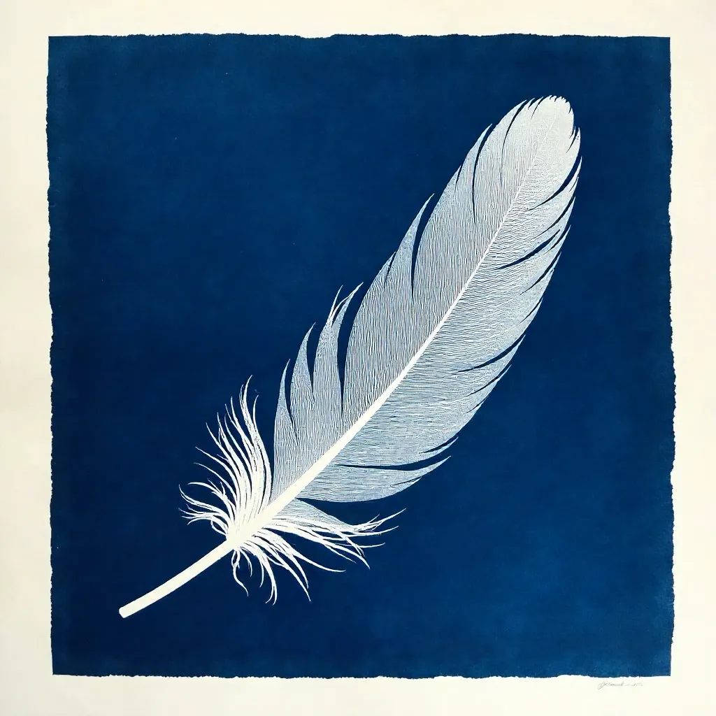 Delicate Cyanotype Feather on Blue Background