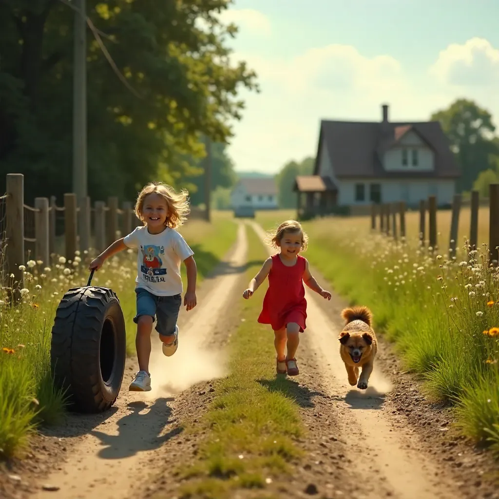 Sunny Rural Tire Game: Children at Play
