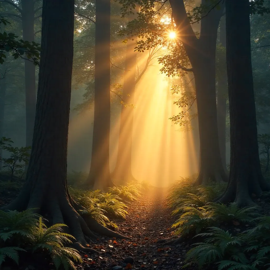 Dawn Sunbeams Illuminating Dense Forest Silhouettes