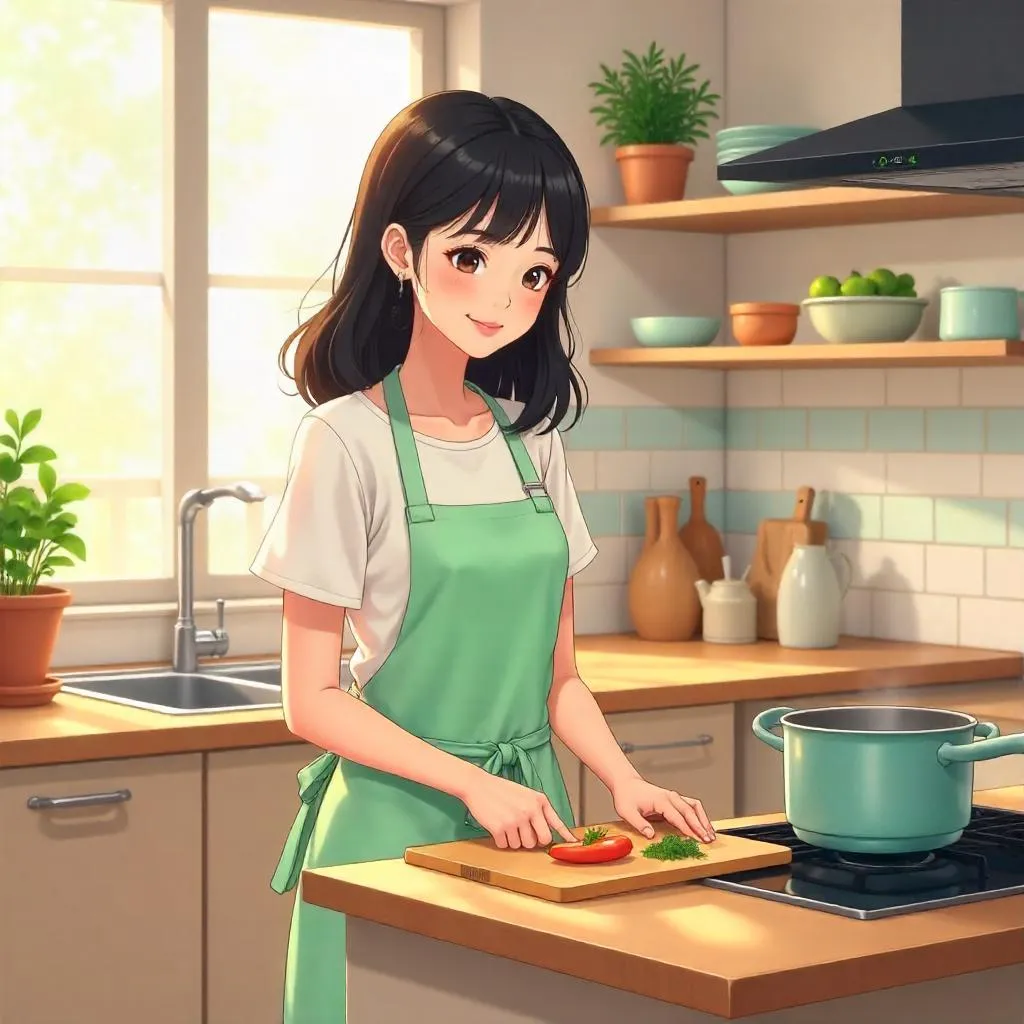 Cozy anime kitchen moment with a young Asian woman