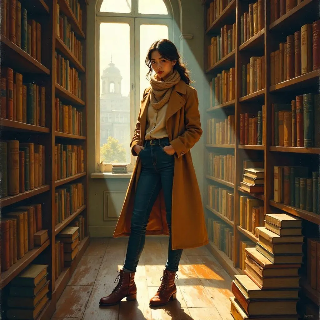 Oil Portrait: Stylish Asian Woman in a Bookstore