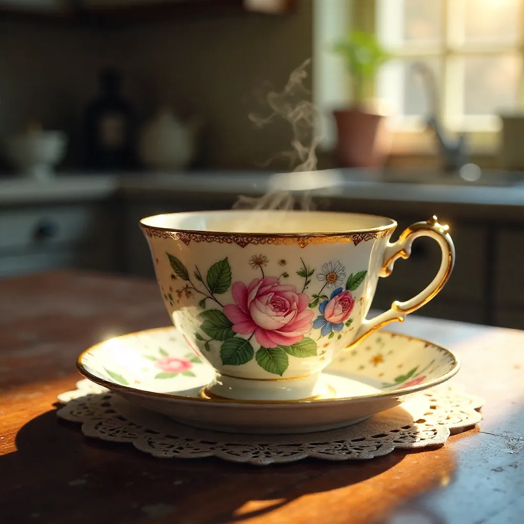 Vintage Floral Teacup on Warm Wooden Table