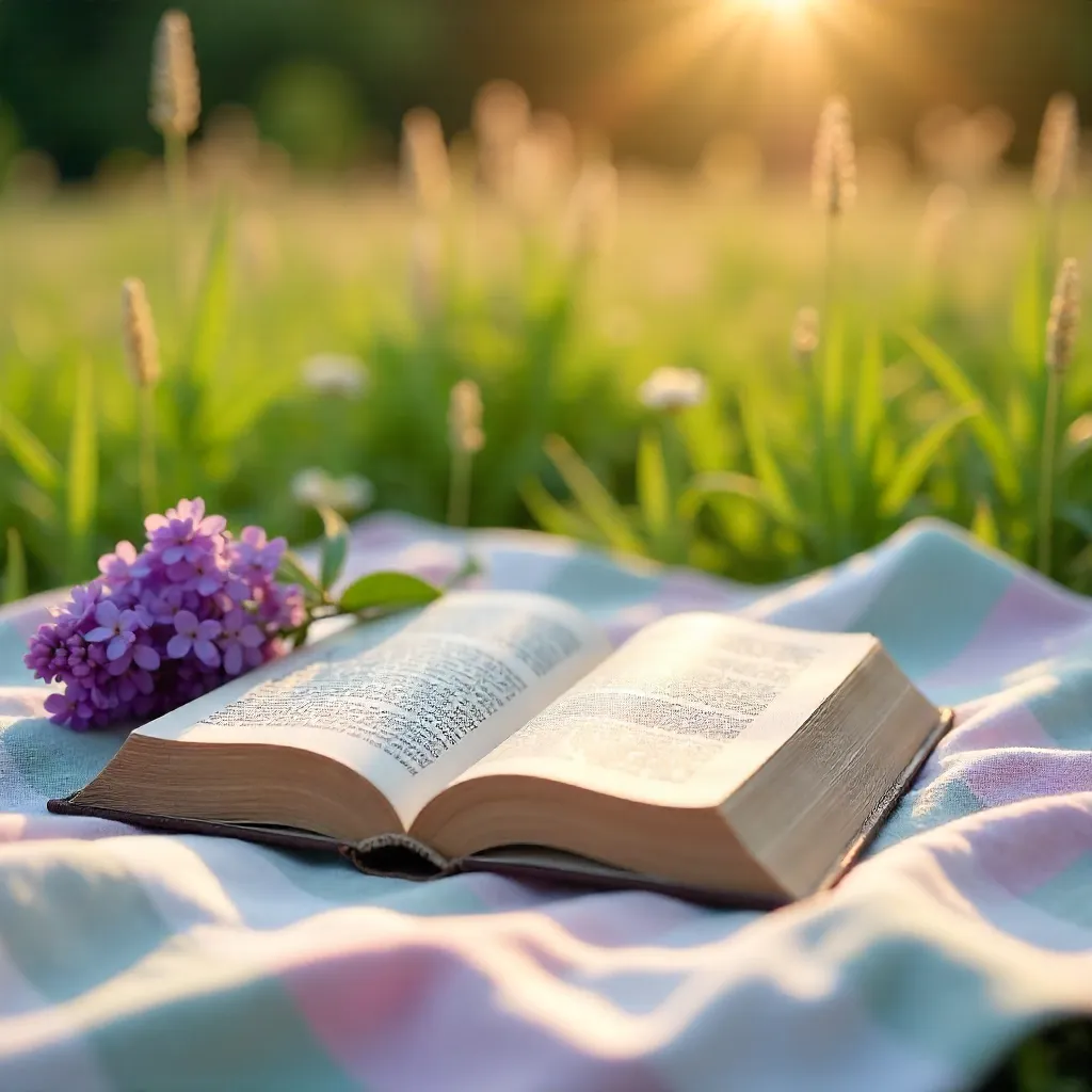 Serene Picnic: Open Book and Lilac Flowers