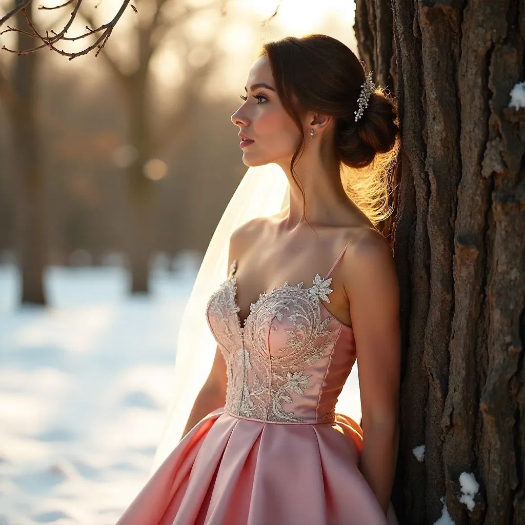 Winter Sunlit Bride in Pink Gown by a Tree