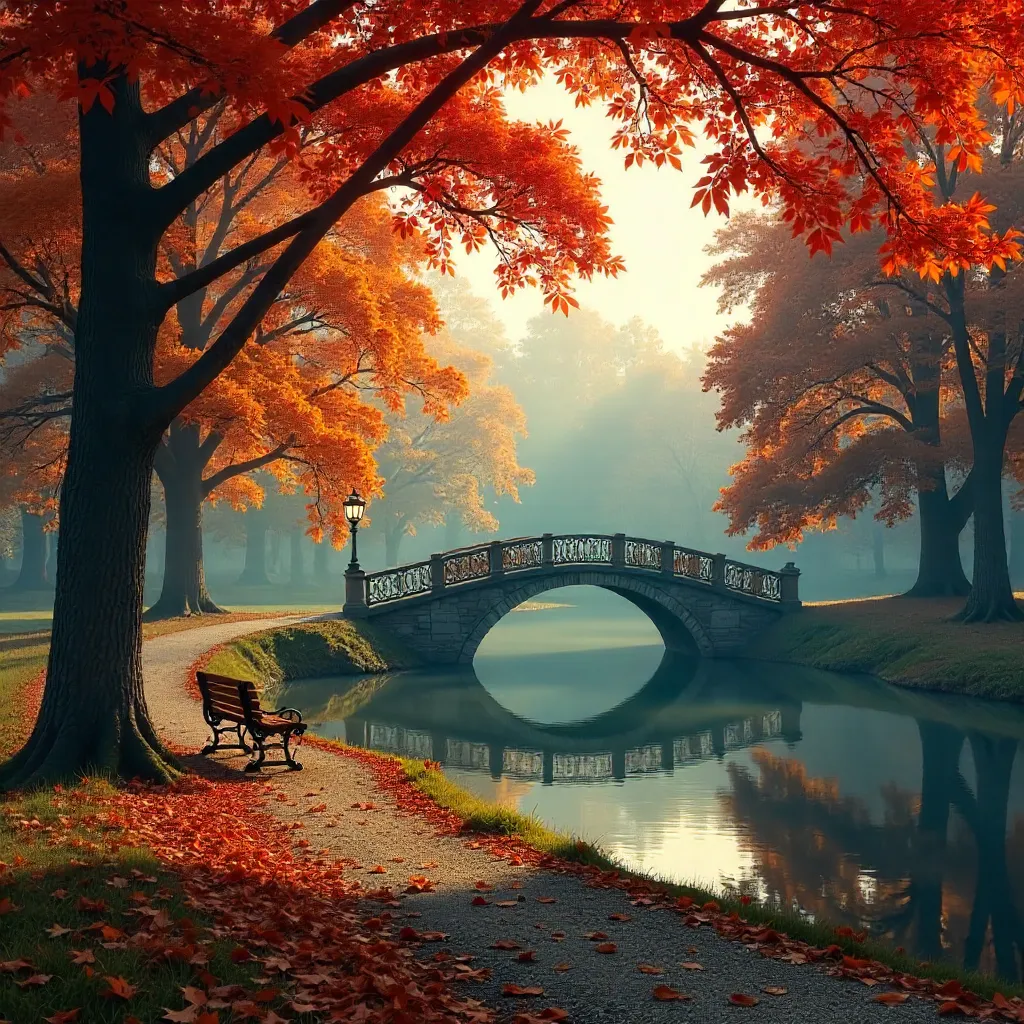 Autumn Tranquility: Towering Trees and Bridge