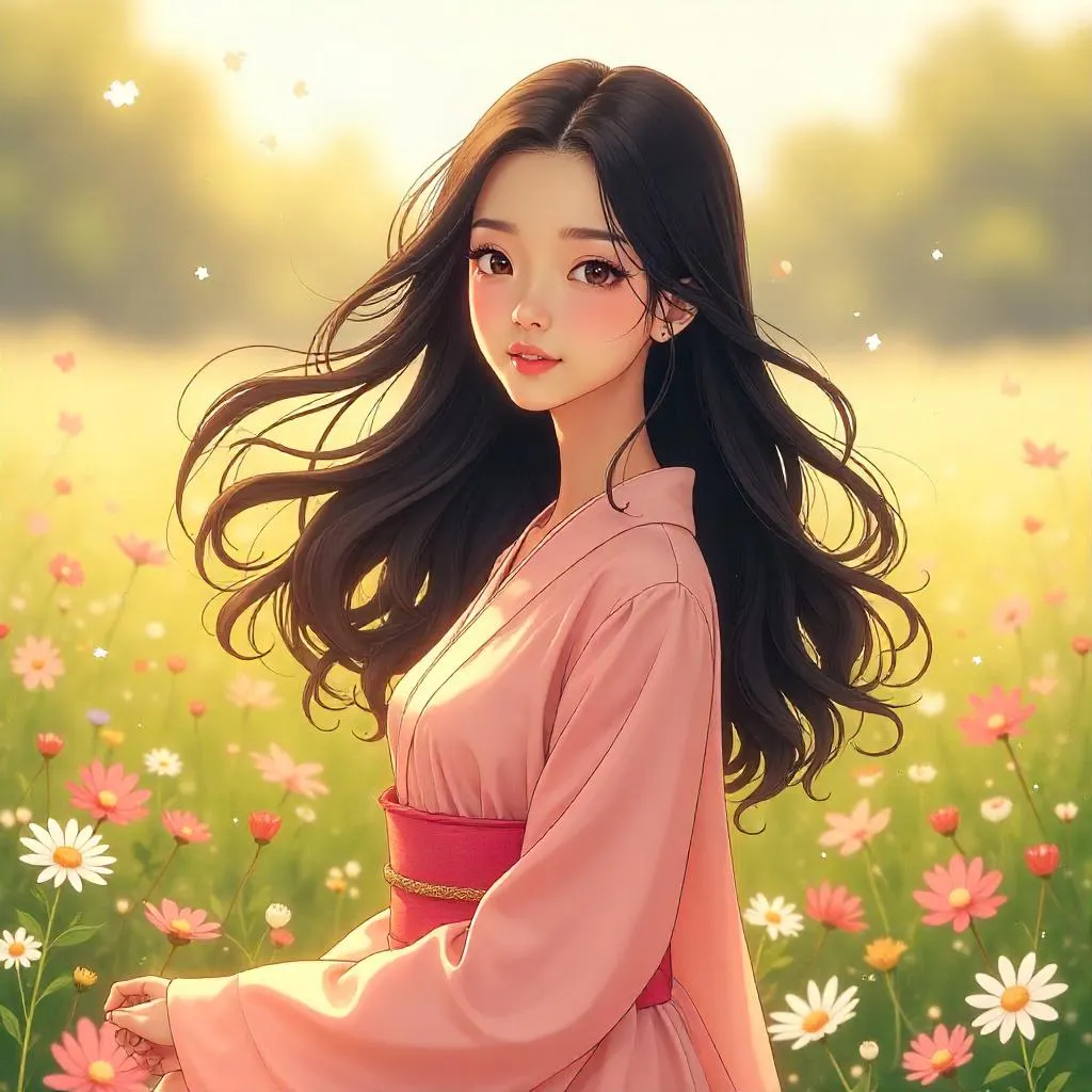 Elegant Asian Woman in a Field of Flowers