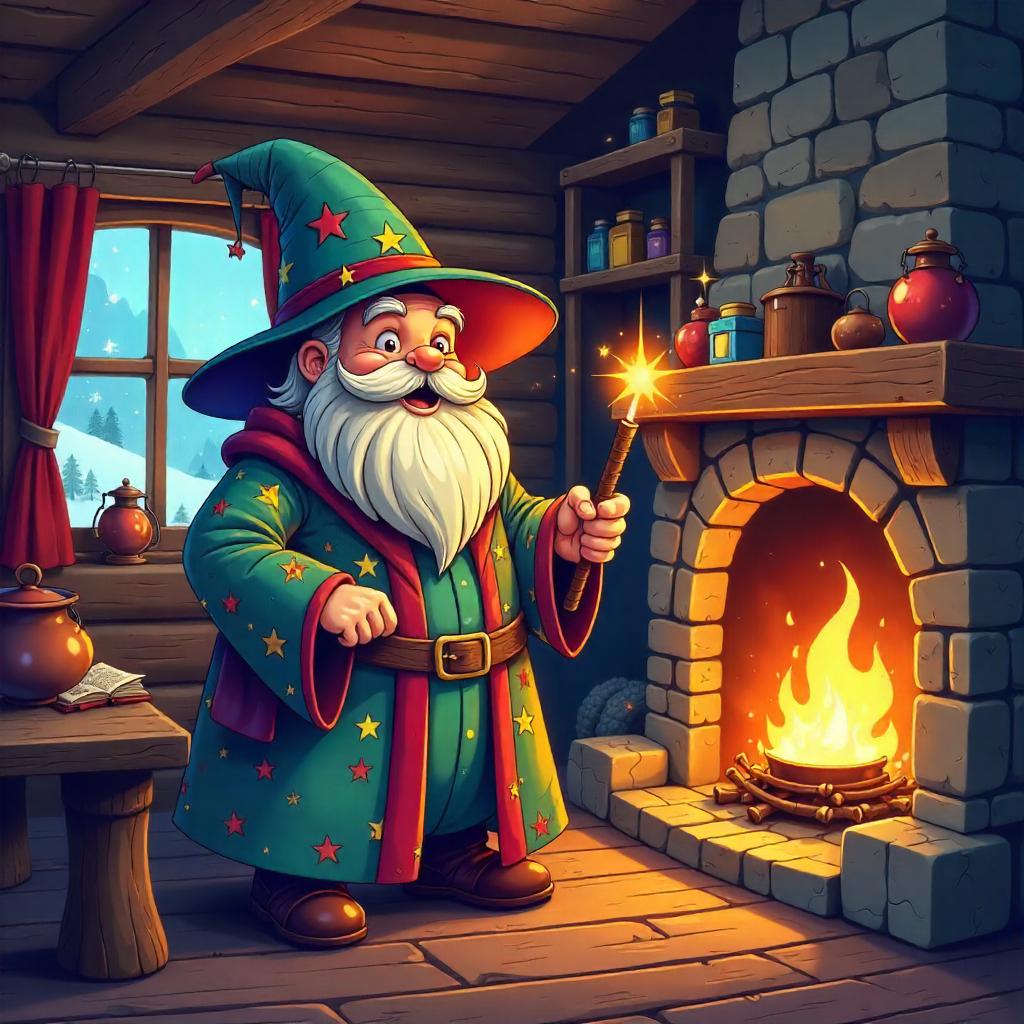 Wizard in a Cozy Log Cabin (Cartoon)