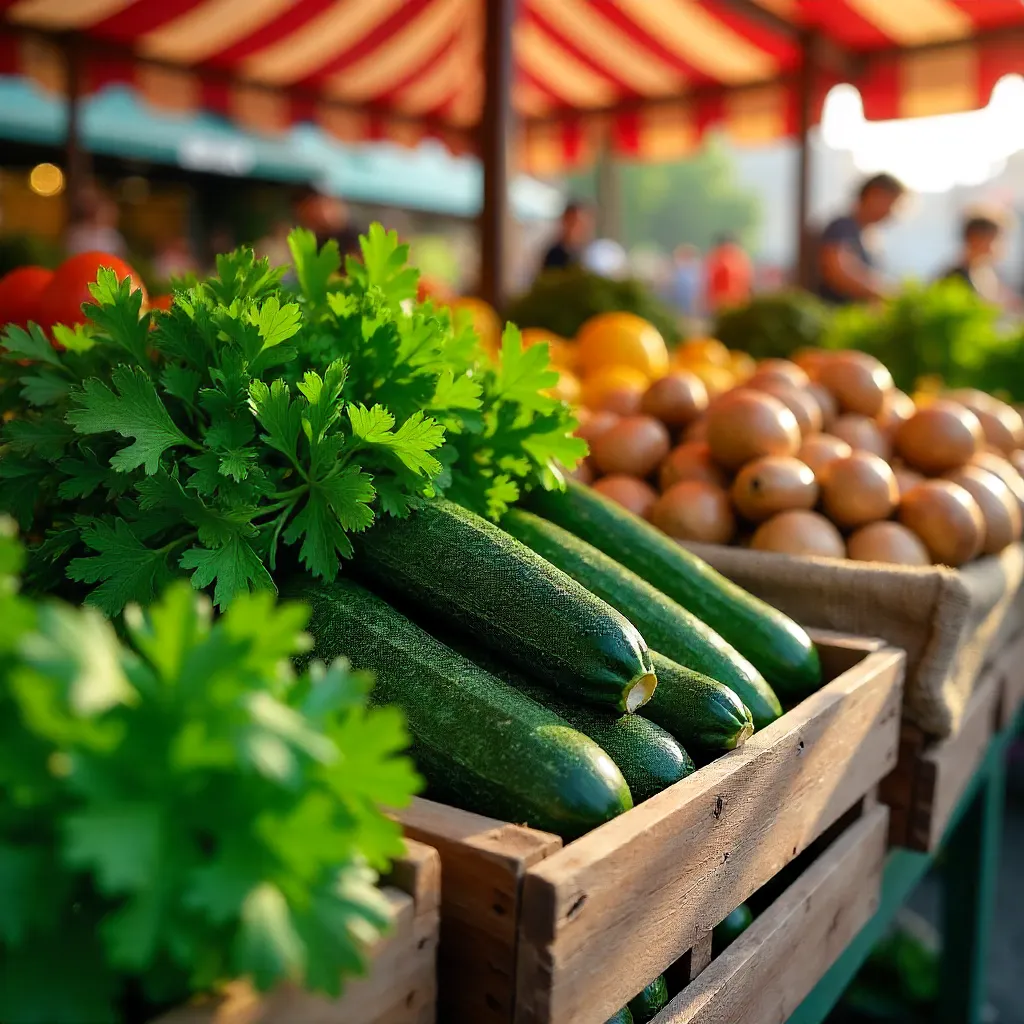 Fresh Market Stall Parsley, Zucchini, and Mushrooms