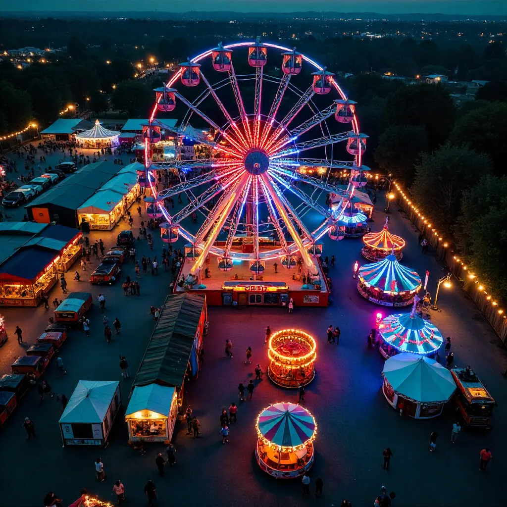 Aerial View of a Vibrant Fairground and Ferris Wheel