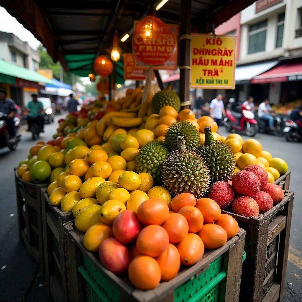 Vibrant Tropical Fruit Market Stall in HCMC