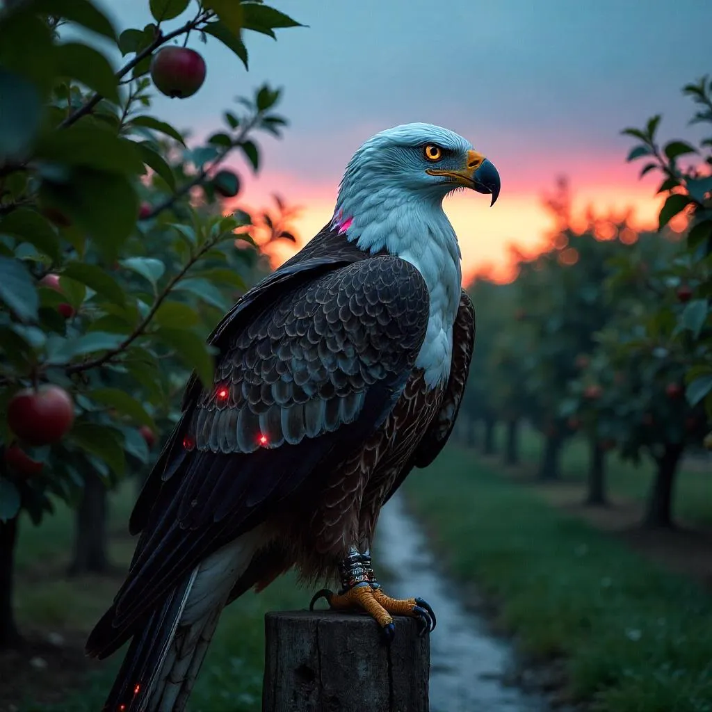 Cyberpunk Eagle Over Neon Orchard