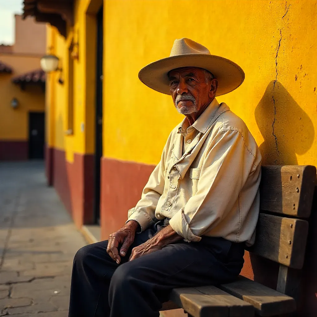 Senior Man on a Bench by Puebla's Yellow Wall