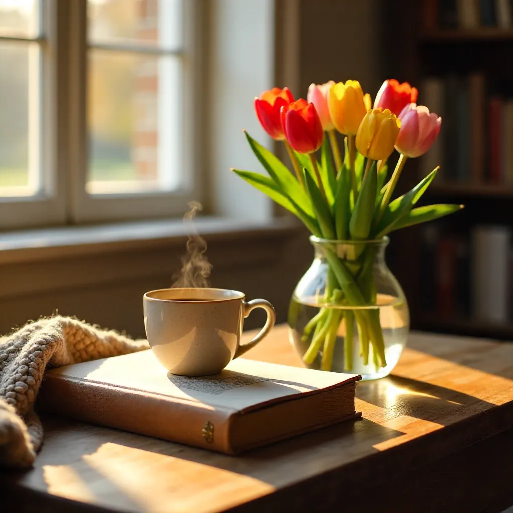 Cozy Tabletop Still Life with Tulips, Book, and Coffee