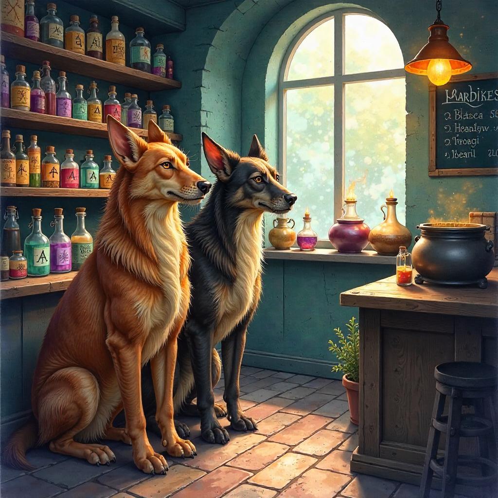 Three-Headed Cerberus in a Watercolor Potion Shop
