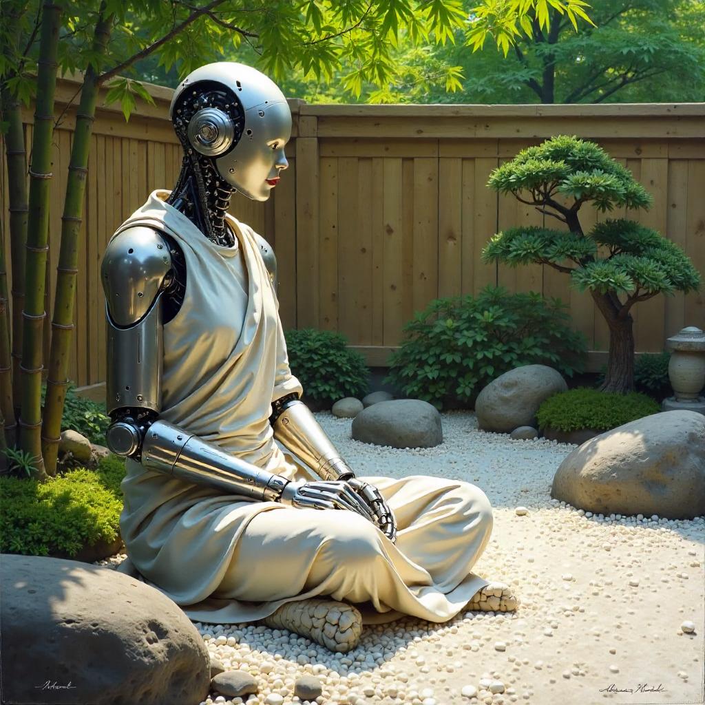 Cyborg in a Zen Garden: An Oil Painting