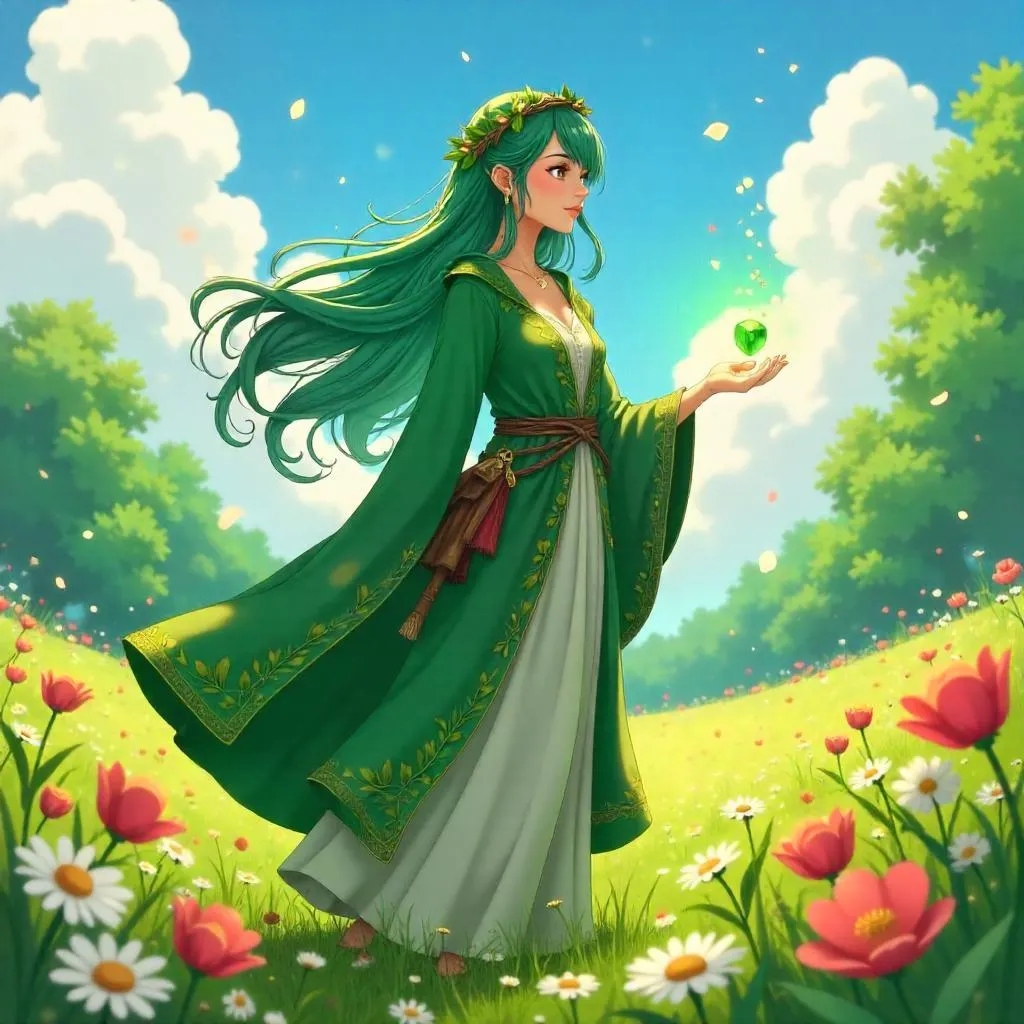 Anime Druid in a Blooming Flower Field