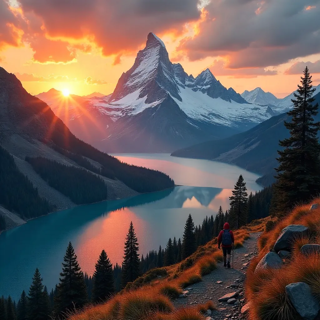 Golden Sunset Over Alpine Mountains with Mist