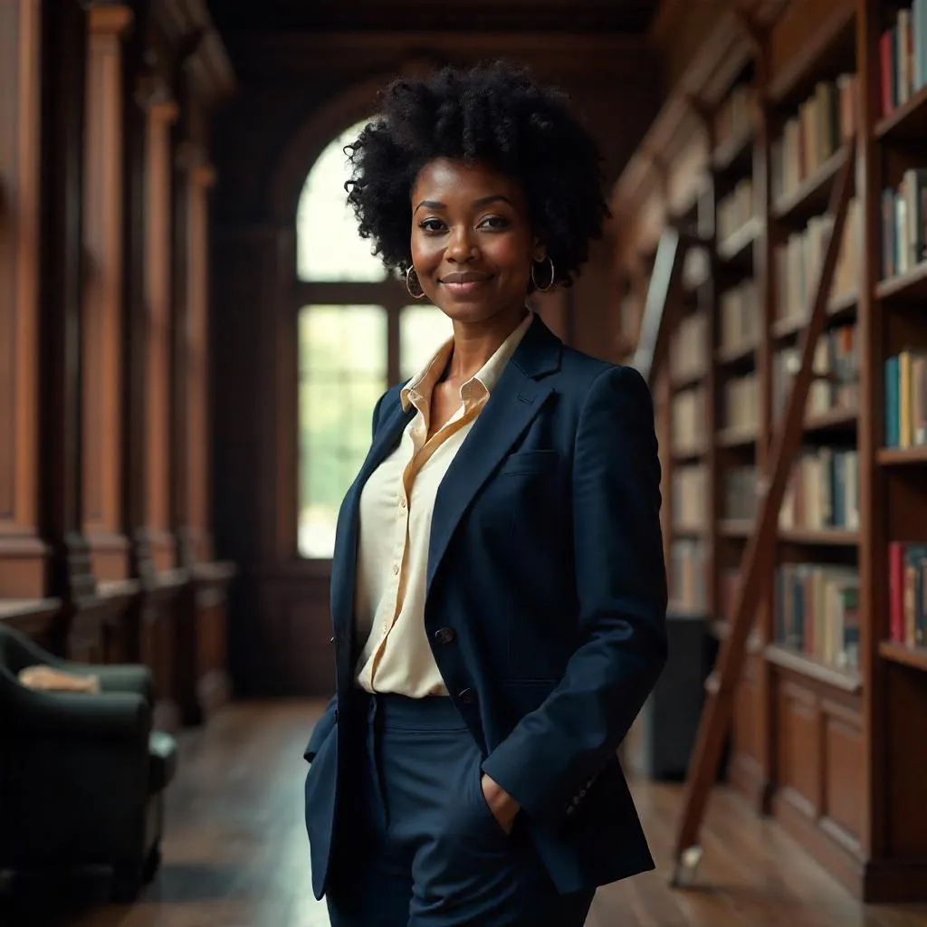 Confident Black Woman in a Photorealistic Library