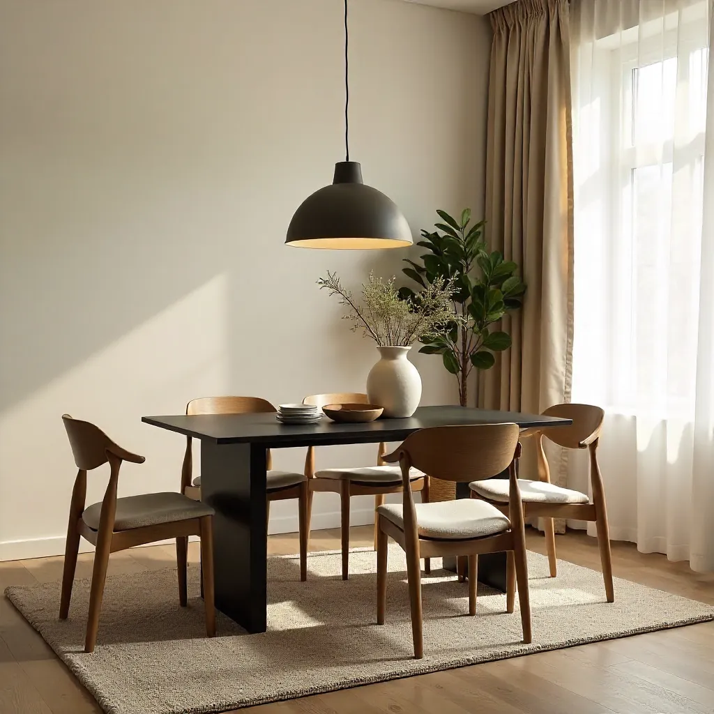 Cozy Minimalist Interior: Black Table with Wooden Chairs